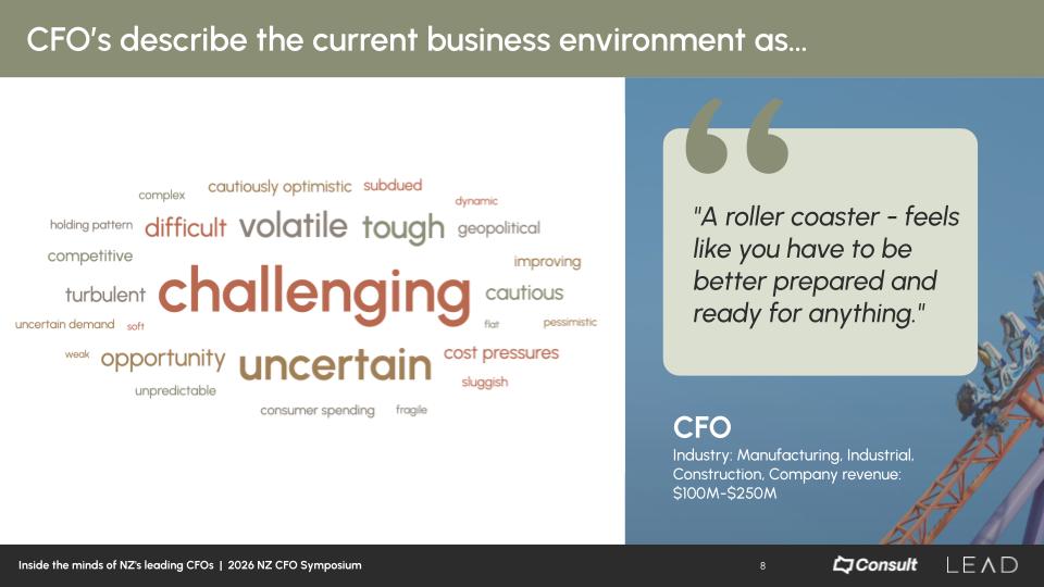 2026 NZ CFO Symposium - CFO outlook survey LEAD Executive Search - current business environment in CFOs words